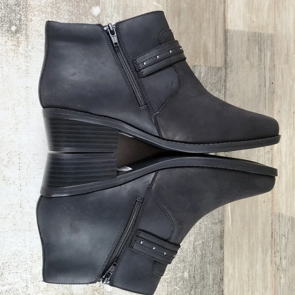 Clarks Danyelle Wish Womens Ankle Boot Sz 9 Black Side Zip Block Heel Square Toe